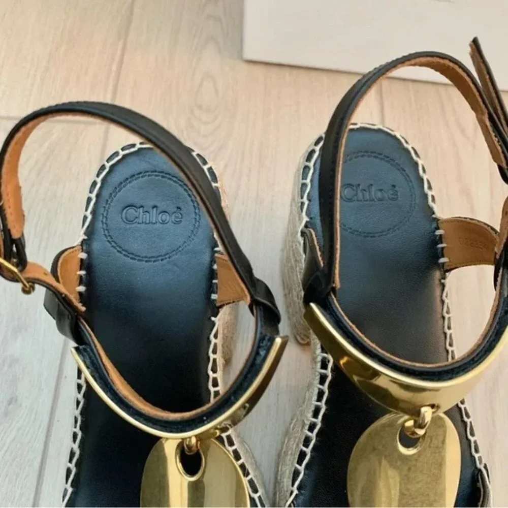 🌟 CHLOE Pema Black Leather Gold Medallion Espadrille Heeled Platform Sandals